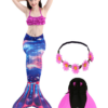 Set 5 piese Costum Sirena Ariel THK®, include top, slip, coada sirena, coroana cu flori si Inotatoarea pentru fixarea cozii, Albastru/Mov