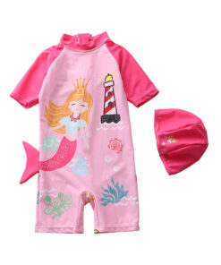 Costum de baie pentru Copii cu caciula THK1032+2, protectie UV, Roz cu desene Rapunzel