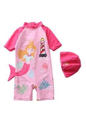Costum de baie pentru Copii cu caciula THK1032+2, protectie UV, Roz cu desene Rapunzel