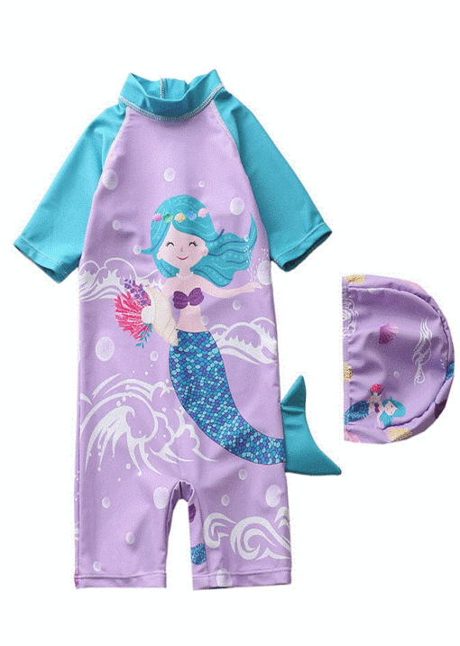 Costum de baie pentru Copii THK1032+2 protectie UV, Turcoaz cu desene Sirena Ariel