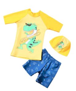 Set 3 Piese Costum de baie Copii THK2047, protectie UV, Galben/Albastru cu desene Dino
