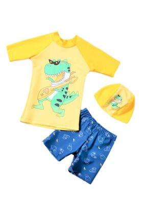 Set 3 Piese Costum de baie Copii THK2047, protectie UV, Galben/Albastru cu desene Dino