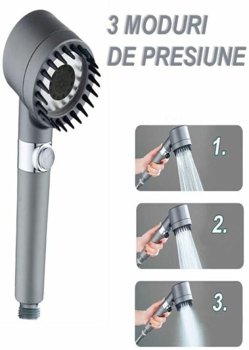 Cap de dus THK, 3 Moduri de Presiune Turbo, Perie de Masaj, Peri Silicon, Filtru Purificare Apa Inclus, Gri Metalic