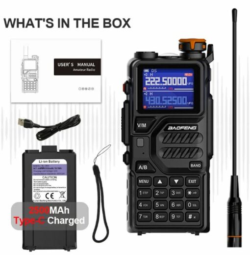 Statie radio Baofeng UV-K5 plus, 10W export, Rezistenta la apa si praf, Multi band 76-520 MHz/ VHF/UHF/ Marina/ Aviatie, negru