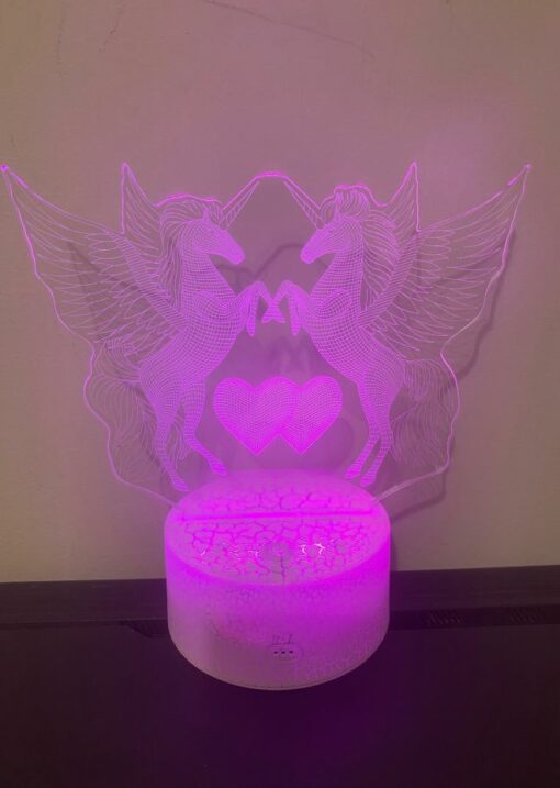 Lampa Veghe THK pentru copii, Unicornii Indragostiti, 3D, Telecomanda,16 Culori, Alimentare USB sau 3 baterii AA, Craciun, Cadou, Purple Kiss