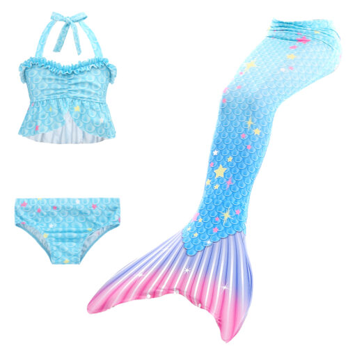 Set 3 piese Costum Sirena Printesa Ariel THK®, coada sirena, slip, top, Stele de Mare, 110cm